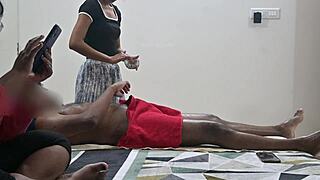 he flashes his hard cock right at the massage girl mid session