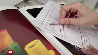 boyfriend's big dick distracts brunette in stockings from drawing