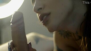 teasing tongue dances on huge cock during deep fuck