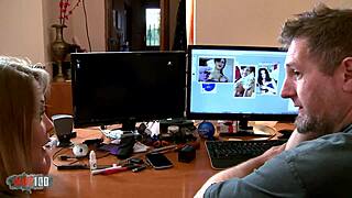 larry bends secretary over desk for hardcore deepthroat and facial