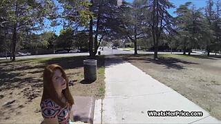 redhead teen babe blows for cash on tennis court