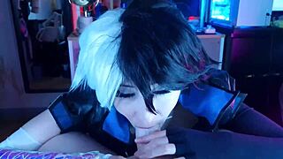 Pervy roommate begs for luna snow cosplay then gets dominated oiled creampie rough