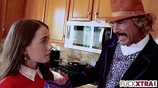 shy petite blonde gags deep on cock in sex factory