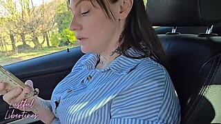 hairy mature milf wife swallows my cum after pov blowjob in car