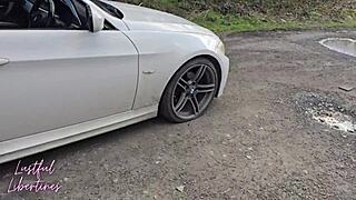 hairy mature milf wife swallows my cum after pov blowjob in car