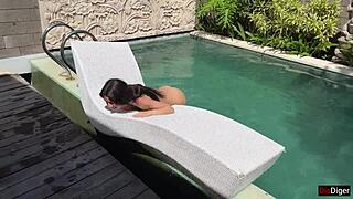 Hey, check out this squirting deepthroat at the pool, rough riding and cum swallow finale!