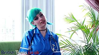 blue haired alternative nurse jerks your cock in hospital cosplay pantyhose