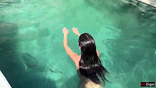 Hey, check out this squirting deepthroat at the pool, rough riding and cum swallow finale!