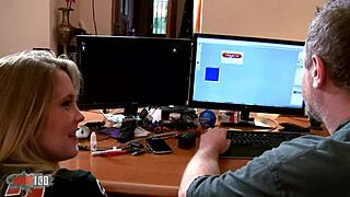 larry bends secretary over desk for hardcore deepthroat and facial