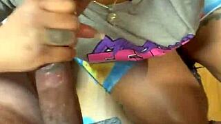 a horny ebony babe sucks big black cock sloppy at the flea market then takes facial cumshots