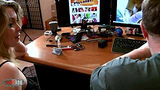 larry bends secretary over desk for hardcore deepthroat and facial