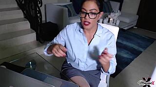 Maxine X slutty Asian secretary spreads on desk fingering wet pussy wildly