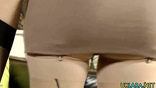 Mature Brit milf spreads legs for deep lesbian pussy eating in stockings