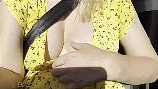 Wifey boldly flashes her huge perfect tits driving in public car