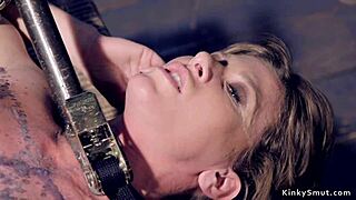 whoa busty milf slave tied up chokes on vibrator in rough bdsm session!