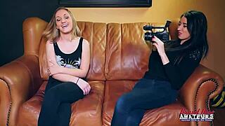 Kinky brunette Olyssia and blonde Ryann suck muffs and cock together