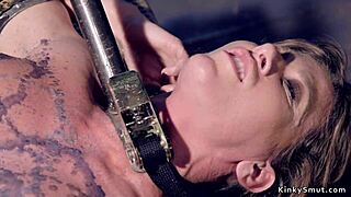 whoa busty milf slave tied up chokes on vibrator in rough bdsm session!