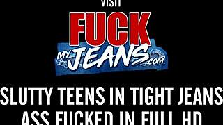 Damn, GF's tight ass in jeans takes anniversary deepthroat and rough anal pounding!