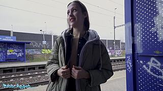 Ukrainian smoker pays train fine flashing tits for public doggystyle pounding