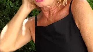 Seductive Blonde Teacher Fingers Dripping Shaved Pussy Outdoors In Sexy Heels