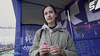 Ukrainian smoker pays train fine flashing tits for public doggystyle pounding