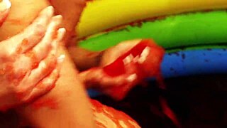 three sexy lesbians in swimwear lick pussies and finger in wild outdoor bath orgy.