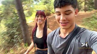 Latin couple Danner Mendes and Yenifer Chacon sneak doggystyle sex in forest with deepthroat and muff diving voyeur style