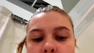 FINGERING her SHAVED PUSSY close-up in public outdoor while big tits bounce and ass shakes