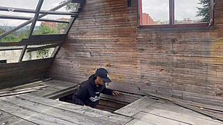 daring young tattooed guy flashes naked orgasm in risky abandoned cabin near public road