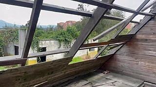 daring young tattooed guy flashes naked orgasm in risky abandoned cabin near public road