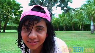 petite latina teen tobie strips wet fingering outdoors in teasing shower