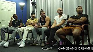 Busty brunette gangbanged hard, cum leaks from tight pussy after sloppy blowbang!