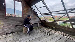 daring young tattooed guy flashes naked orgasm in risky abandoned cabin near public road