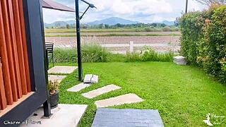 beautiful asian lady bends over skinny for gardener's outdoor creampie in garden