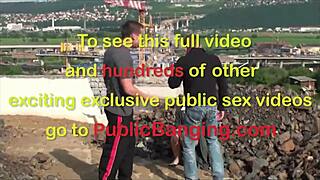 Two guys pound young blonde cutie outdoors