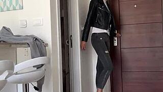 quick pov sex slamming hot teen in leather jacket riding to creampie