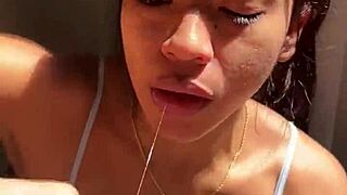 dreamy brunette nysdel drops to knees for raw amateur blowjob with her man