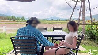 beautiful asian lady bends over skinny for gardener's outdoor creampie in garden
