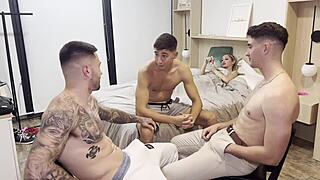 three muscular friends gangbang helpless latina schoolgirl anal double penetration deepthroat blowbang cum swallow double vaginal rough
