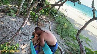 couple rips clothes for public beach fingering wet juicy petite latina pussy