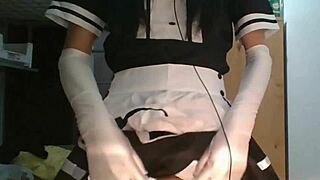 little femboy maid in stockings glasses cosplay swallows own cumshot!
