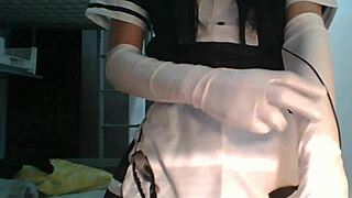 little femboy maid in stockings glasses cosplay swallows own cumshot!