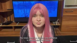 step sis tries new student uniform and shows bro her deep blowjob skills... damn!