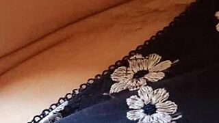 Gretala flashes hairy pussy and thong peek