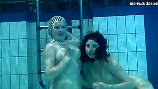 katka and barbara's big tits bounce in tight pussy pool play underwater