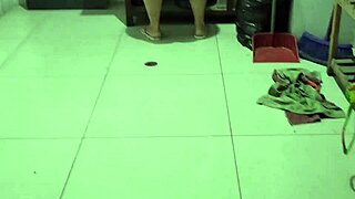 Grab friend's hot mom cleaning then bend her over for doggystyle creampie fuck