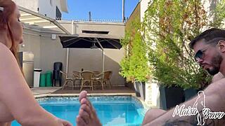 brazilian redhead milf chokes on fat cock outdoors until it gushes milk down her throat in public deepthroat