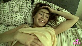 Georgia F Fingers Shaved Pussy And Natural Tits In Pink Bedroom Underwear