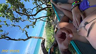 couple rips clothes for public beach fingering wet juicy petite latina pussy