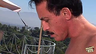 Old Pervy Gardener Pounds Brunette Cutie's Small Tits Ass Outdoor By Pool Deepthroat Doggy.